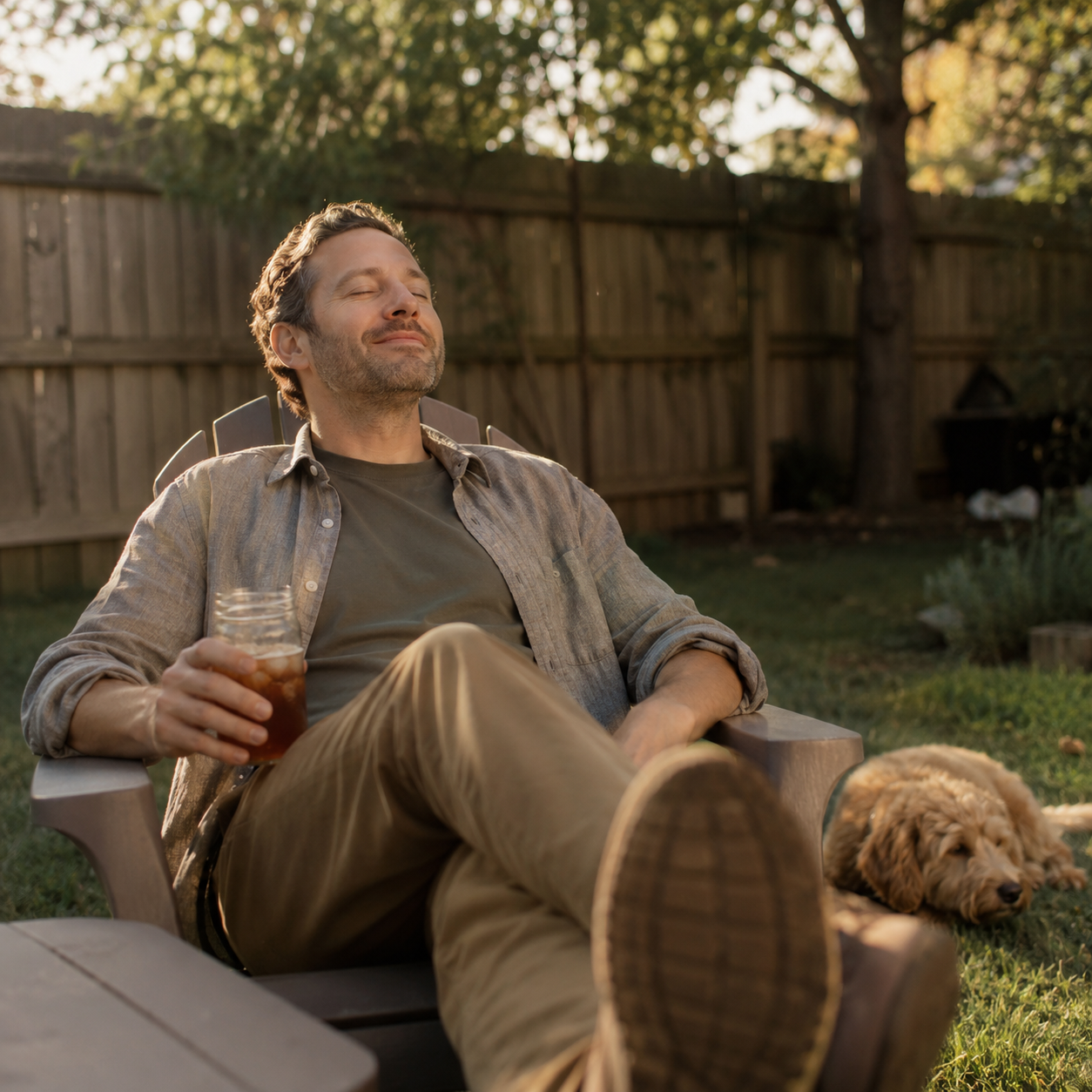 Man relaxing in backyard chair with iced tea and dog on a day off feeling rested