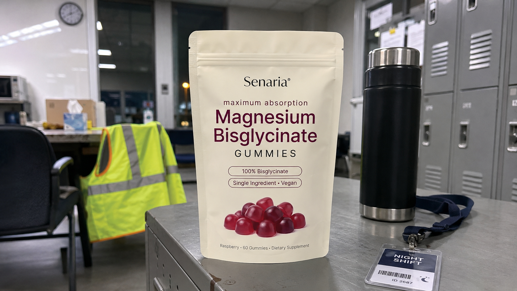Senaria magnesium bisglycinate pouch in a night shift locker room