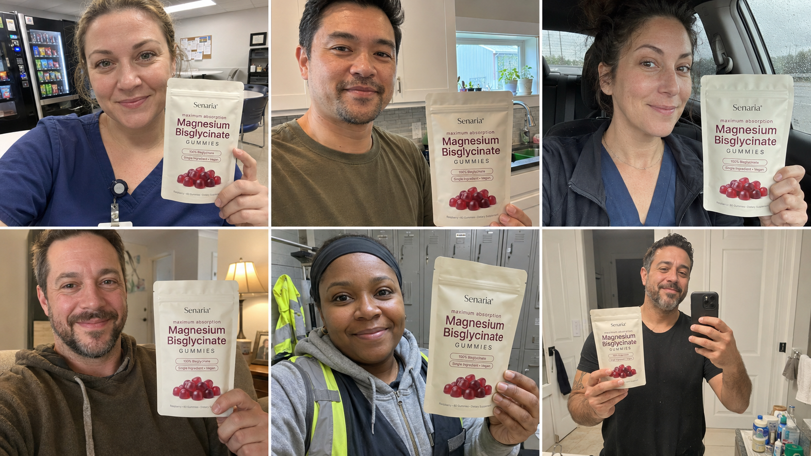 Night shift workers holding Senaria Magnesium Bisglycinate Gummies
